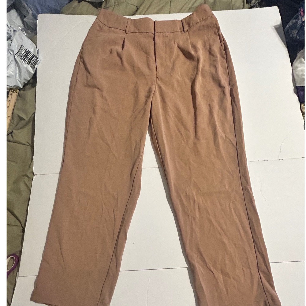 Halara Tan High Waisted Pleated Straight Leg Trousers Elastic Back Medium